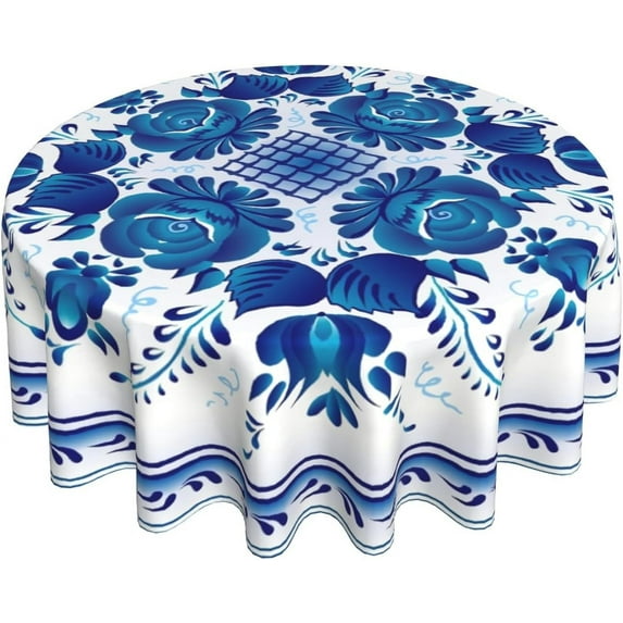 Round Tablecloth Blue Flowers Table Cloths Waterproof Table Cover for Wedding Party Dining Holiday Banquet