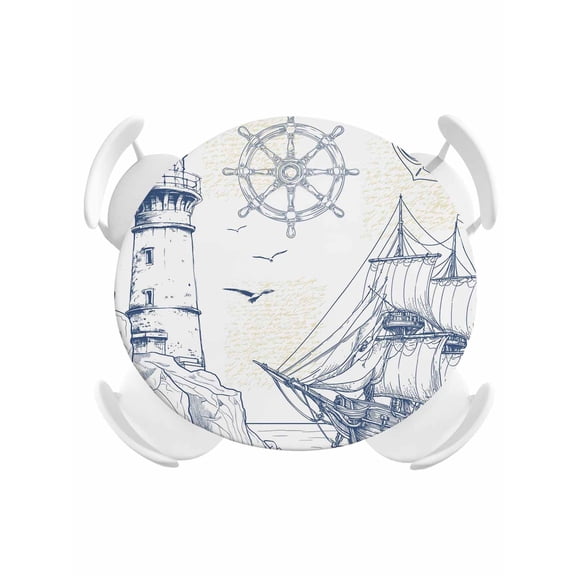 Round Tablecloth Blue Nautical Boat Elastic Edge Fitted Classic Ocean Lighthouse Plastic Table Cover,Waterproof Oil Proof for Dinner,Outdoor, Picnic, 36" - 44" DIA Tables Sailing Anchor