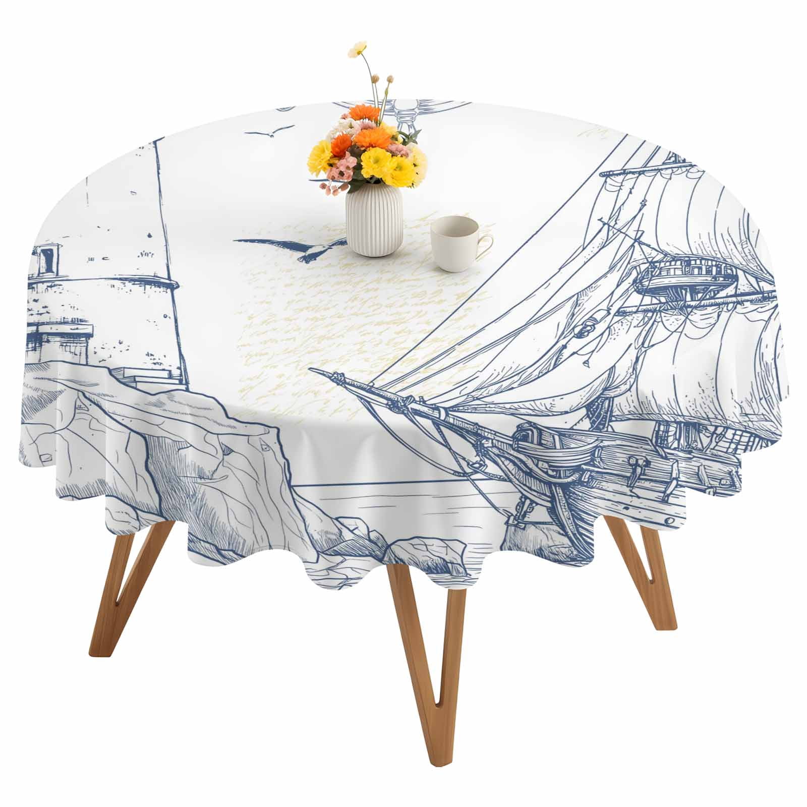 Round Tablecloth Blue Nautical Boat Waterproof Oil Proof Polyester Table Cloth Cover Decor for Home Dining Outdoor,Patio,Parties, 60" Dia. Classic Ocean Lighthouse Sailing Anchor
