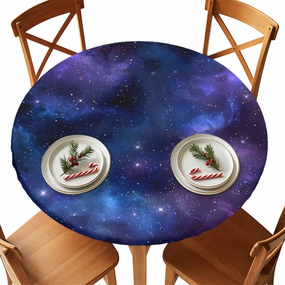 Round Tablecloth Blue Purple Galaxy Stars Elastic Edge Fitted Space Universe Themed Plastic Table Cover,Waterproof Oil Proof for Dinner,Outdoor, Picnic, 36" - 44" DIA Tables
