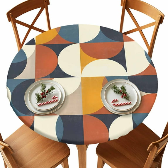 Round Tablecloth Blue Vintage Medieval Elastic Edge Fitted Abstract Geometric Semicircle Plastic Table Cover,Waterproof Oil Proof for Dinner,Outdoor, Picnic, 36" - 44" DIA Tables Orange Beige