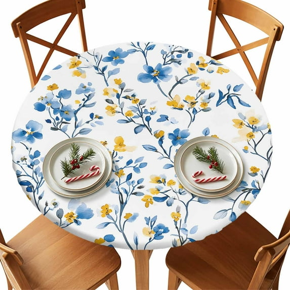 Round Tablecloth Blue Yellow Florl Print Elastic Edge Fitted Rustic Wild Flowers Pattern Plastic Table Cover,Waterproof Oil Proof for Dinner,Outdoor, Picnic, 55"- 60" DIA Tables