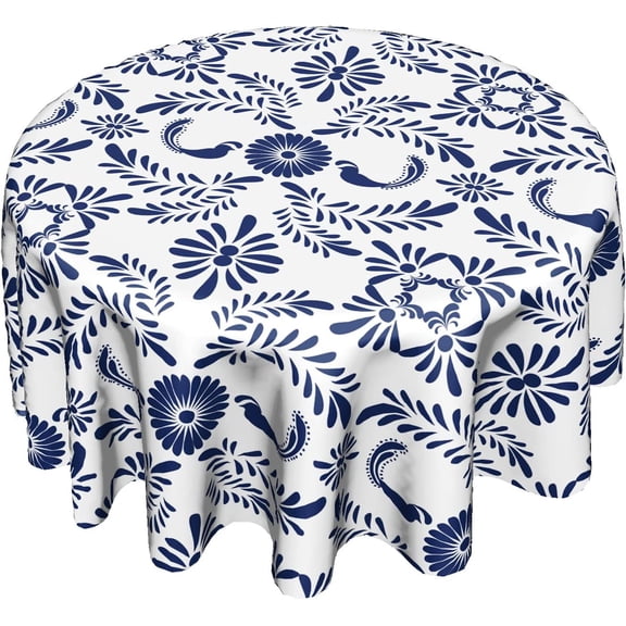 Round Tablecloth Blue and White Porcelain Floral Mexican Talavera Table Cloths Waterproof for Party Dining Holiday Banquet