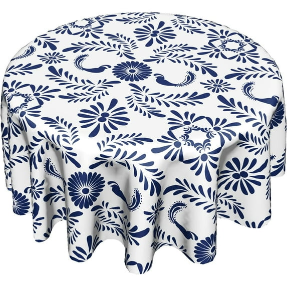 Round Tablecloth Blue and White Porcelain Floral Mexican Talavera Table Cloths Waterproof for Party Dining Holiday Banquet