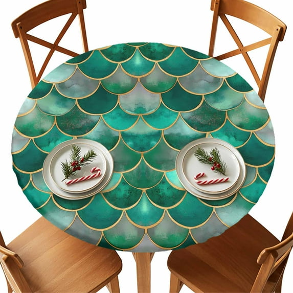 Round Tablecloth Boho Elastic Edge Fitted Scallop Pattern Plastic Table Cover,Waterproof Oil Proof for Dinner,Outdoor, Picnic, 55"- 60" DIA Tables Green