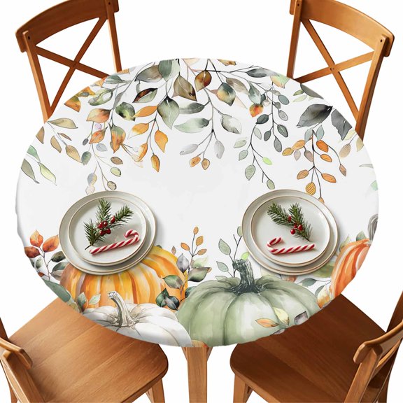 Round Tablecloth Boho Fall Thanksgiving Elastic Edge Fitted Orange White Green Pumpkins Leaf Plastic Table Cover,Waterproof Oil Proof for Dinner,Outdoor, Picnic, 45"- 54" DIA Tables