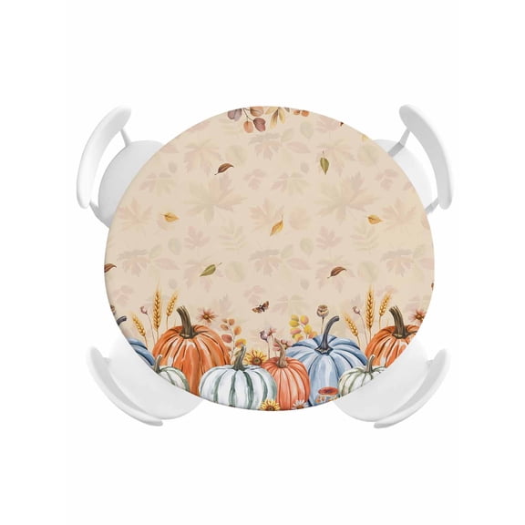 Round Tablecloth Boho Floral Fall Thanksgiving Elastic Edge Fitted Orange Green Blue Pumpkins Plastic Table Cover,Waterproof Oil Proof for Dinner,Outdoor, Picnic, 36" - 44"&nbsp; DIA Tables