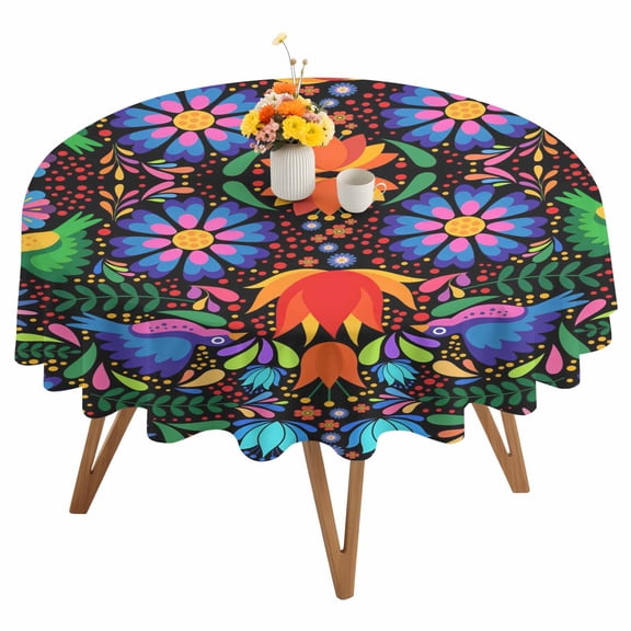 Round Tablecloth Boho Mexican Texture Waterproof Oil Proof Polyester Table Cloth Cover Decor for Home Dining Outdoor,Patio,Parties, 54" Dia. Abstract Floral Bird Multicolor