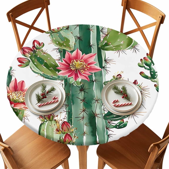 Round Tablecloth Botanical Floral Elastic Edge Fitted Cactus Succulent Desert Plastic Table Cover,Waterproof Oil Proof for Dinner,Outdoor, Picnic, 55"- 60" DIA Tables Green Red