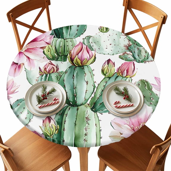 Round Tablecloth Botanical Floral Elastic Edge Fitted Cactus Succulent Desert Plastic Table Cover,Waterproof Oil Proof for Dinner,Outdoor, Picnic, 55"- 60" DIA Tables Green Pink