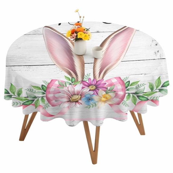 Round Tablecloth Bunny Ears Happy Easter Waterproof Oil Proof Polyester Table Cloth Cover Decor for Home Dining Outdoor,Patio,Parties, 54" Dia. Pink Bow Rabbit Floral Rustic Wood