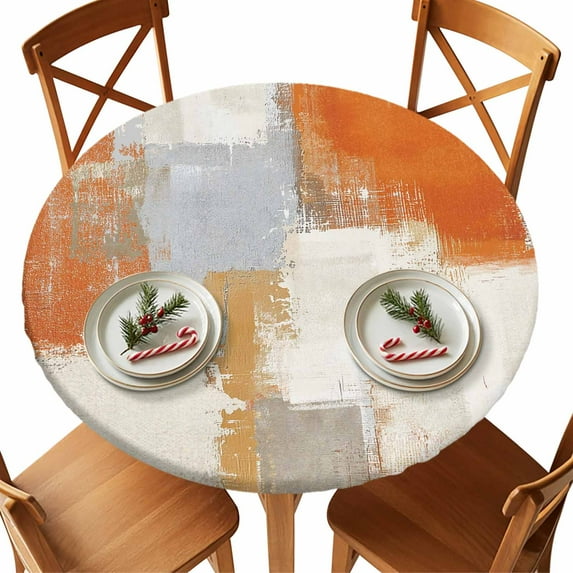 Round Tablecloth Burnt Orange Gray Graffiti Block Elastic Edge Fitted Modern Abstract Texture Art Plastic Table Cover,Waterproof Oil Proof for Dinner,Outdoor, Picnic, 45"- 54" DIA Tables