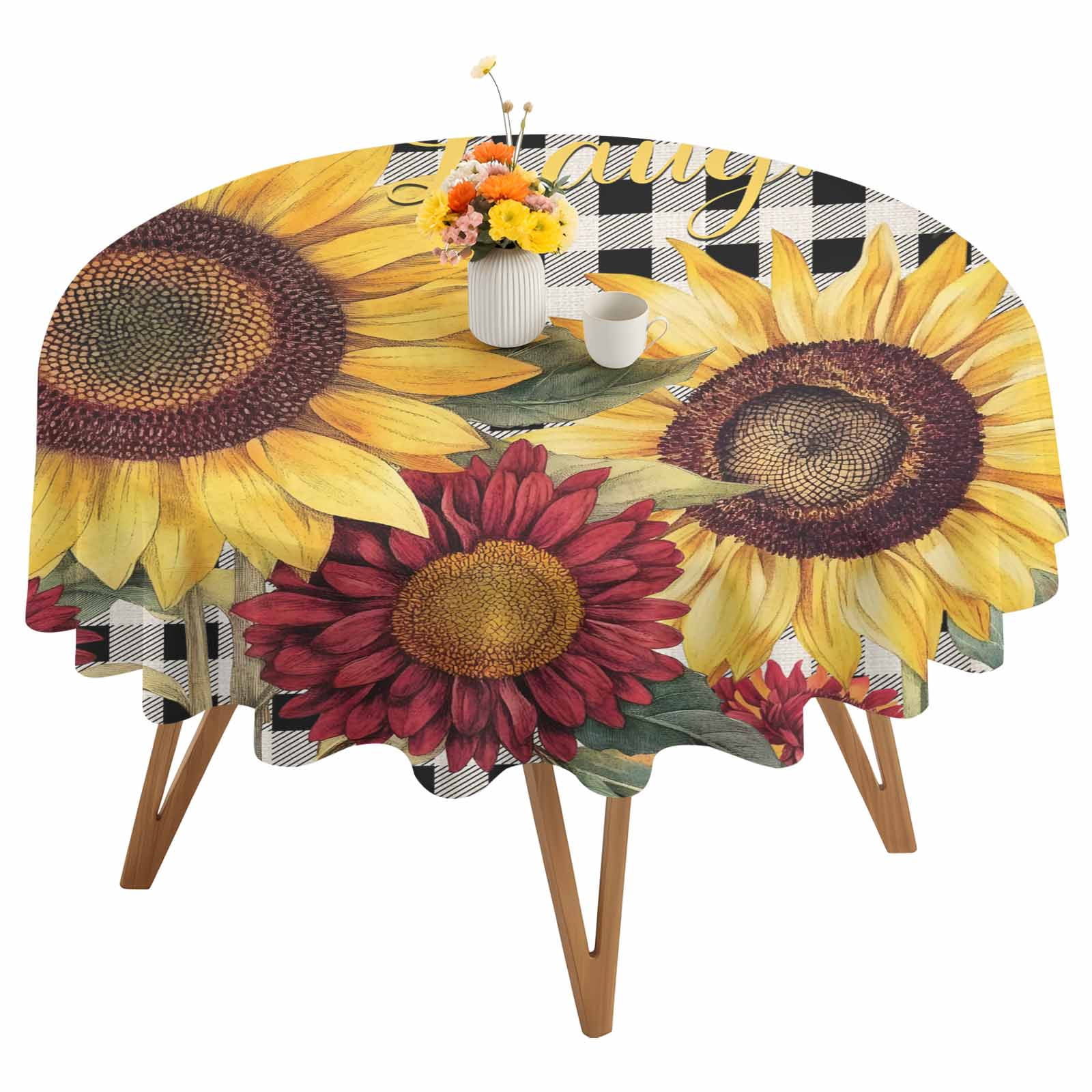 Round Tablecloth Butterfly Sunflower Waterproof Oil Proof Polyester Table Cloth Cover Decor for Home Dining Outdoor,Patio,Parties, 54" Dia. Live Love Laugh Black Plaid