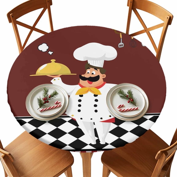 Round Tablecloth Cartoon Chef Kitchen Elastic Edge Fitted Gourmet Rustic Farmhouse Red Plaid Plastic Table Cover,Waterproof Oil Proof for Dinner,Outdoor, Picnic, 55"- 60" DIA Tables