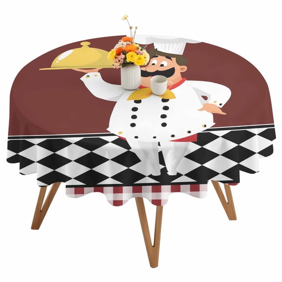 Round Tablecloth Cartoon Chef Kitchen Waterproof Oil Proof Polyester Table Cloth Cover Decor for Home Dining Outdoor,Patio,Parties, 54" Dia. Gourmet Rustic Farmhouse Red Plaid