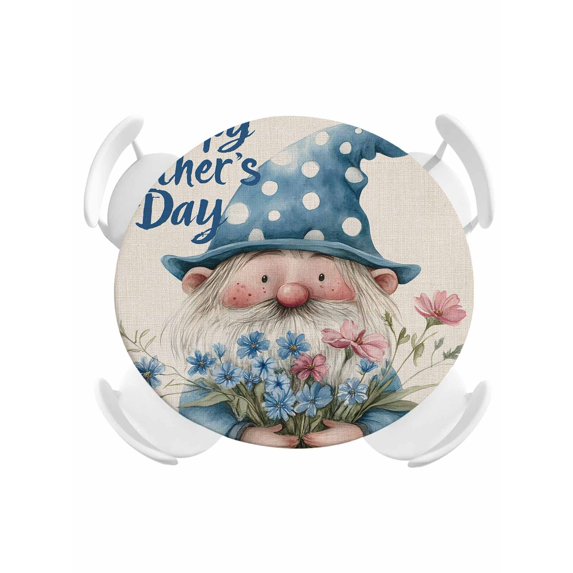 Round Tablecloth Cartoon Gnome Elastic Edge Fitted Watercolor Flowers Father's Day Plastic Table Cover,Waterproof Oil Proof for Dinner,Outdoor, Picnic, 55"- 60" DIA Tables Slate Blue