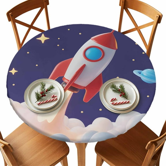 Round Tablecloth Cartoon Navy Blue Space Elastic Edge Fitted Red 3D Rocket Plastic Table Cover,Waterproof Oil Proof for Dinner,Outdoor, Picnic, 45"- 54" DIA Tables Yellow Stars