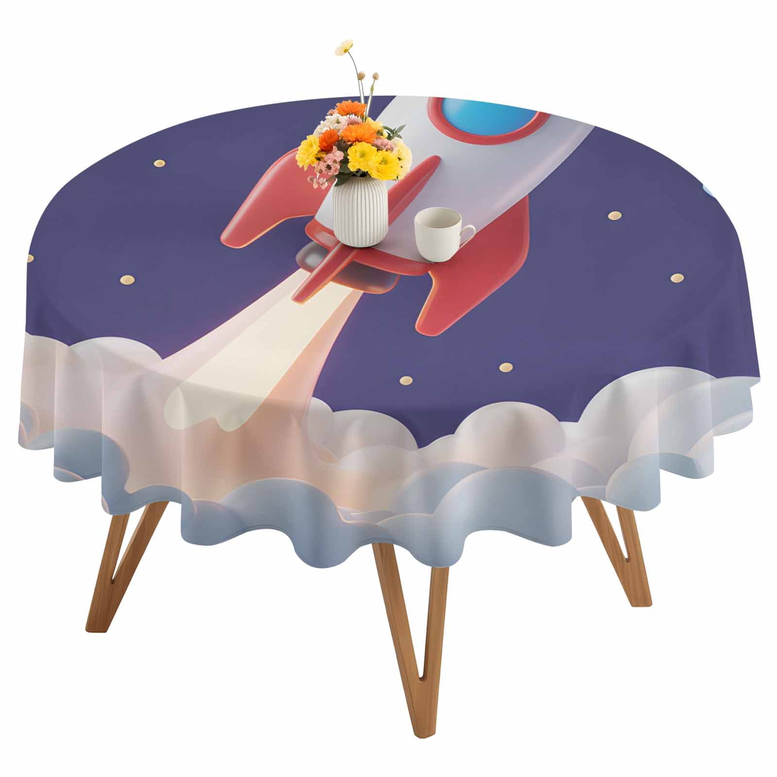 Round Tablecloth Cartoon Navy Blue Space Waterproof Oil Proof Polyester Table Cloth Cover Decor for Home Dining Outdoor,Patio,Parties, 54" Dia. Red 3D Rocket Yellow Stars
