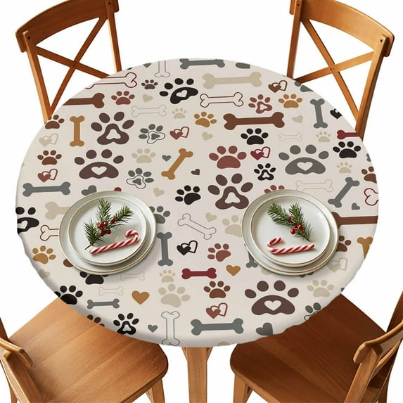 Round Tablecloth Cat Dog Paw Print Elastic Edge Fitted Retro Brown Bones Plastic Table Cover,Waterproof Oil Proof for Dinner,Outdoor, Picnic, 36" - 44" DIA Tables