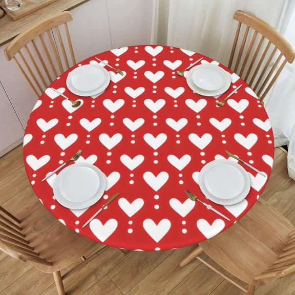 Round Tablecloth, Cherry Pink and White Striped Round Fitted Tablecloth with Elastic Waterproof Protection for 40-44" Round Table Cover for Indoor Dinner, Picnic