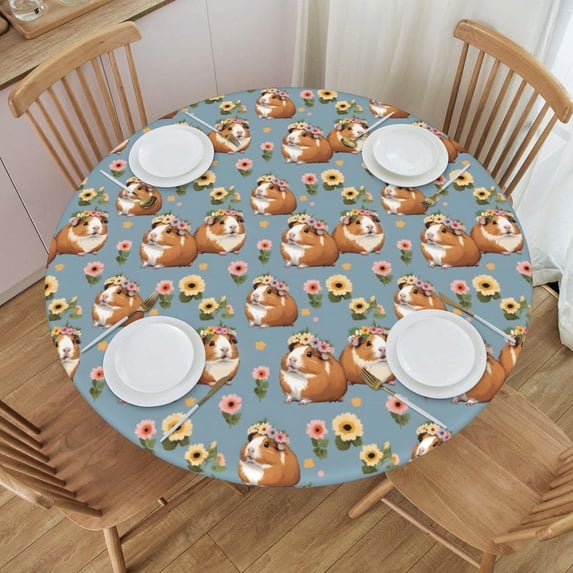 Round Tablecloth, Cherry Pink and White Striped Round Fitted Tablecloth with Elastic Waterproof Protection for 40-44" Round Table Cover for Indoor Dinner, Picnic