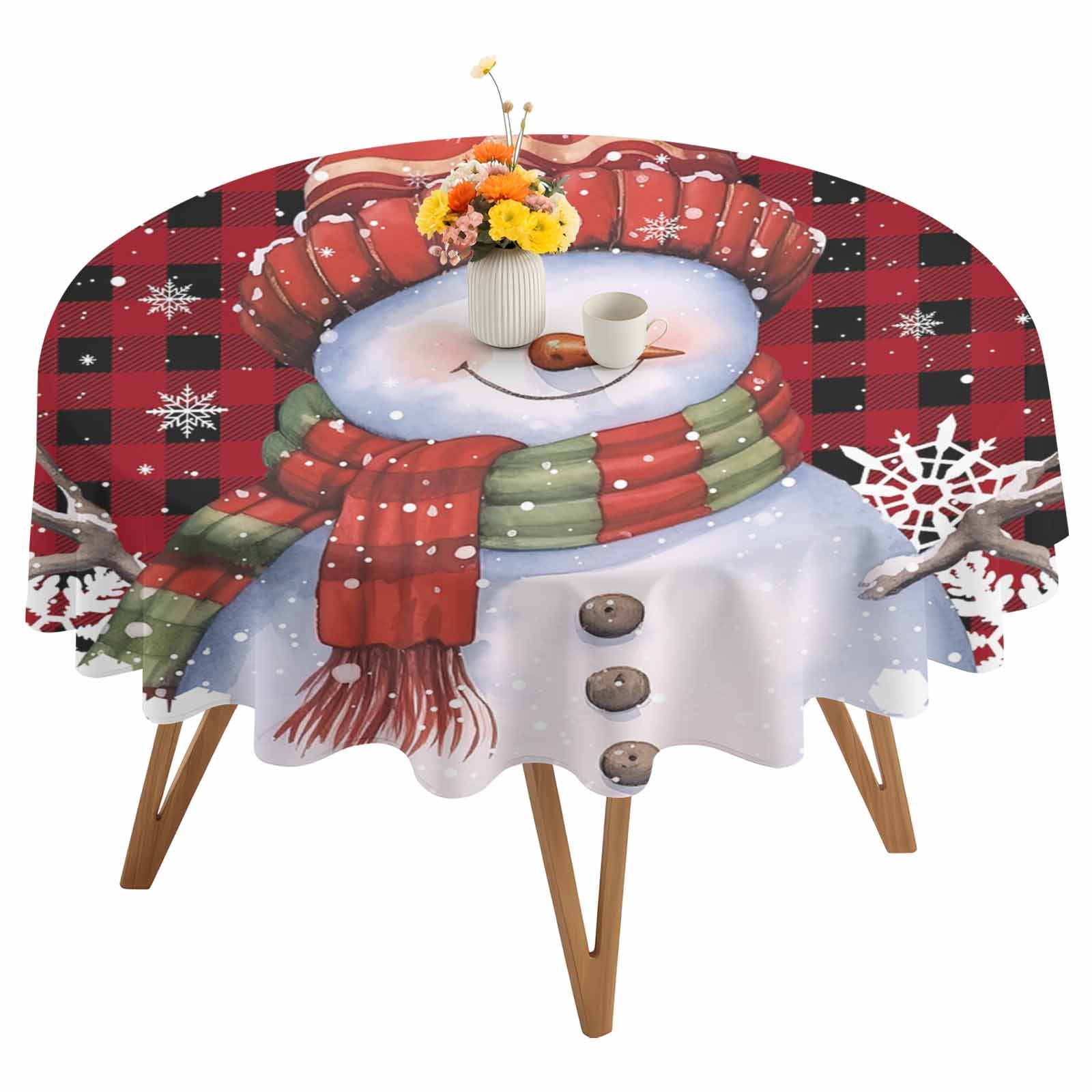 Round Tablecloth Christmas Snowman Waterproof Oil Proof Polyester Table Cloth Cover Decor for Home Dining Outdoor,Patio,Parties, 60" Dia. Winter Snowflakes Red Black Buffalo Plaid