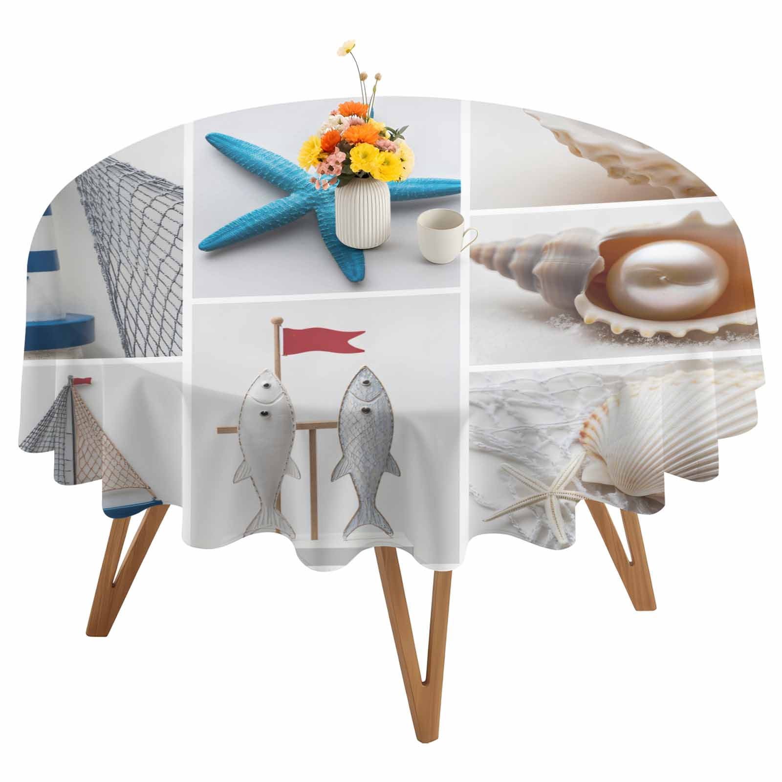 Round Tablecloth Coastal Beach Themed Waterproof Oil Proof Polyester Table Cloth Cover Decor for Home Dining Outdoor,Patio,Parties, 60" Dia. Summer Ocean Starfish Shell Boat