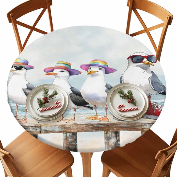 Round Tablecloth Coastal Funny Elastic Edge Fitted Watercolor Seagull Ocean Beach Plastic Table Cover,Waterproof Oil Proof for Dinner,Outdoor, Picnic, 55"- 60" DIA Tables White Aqua