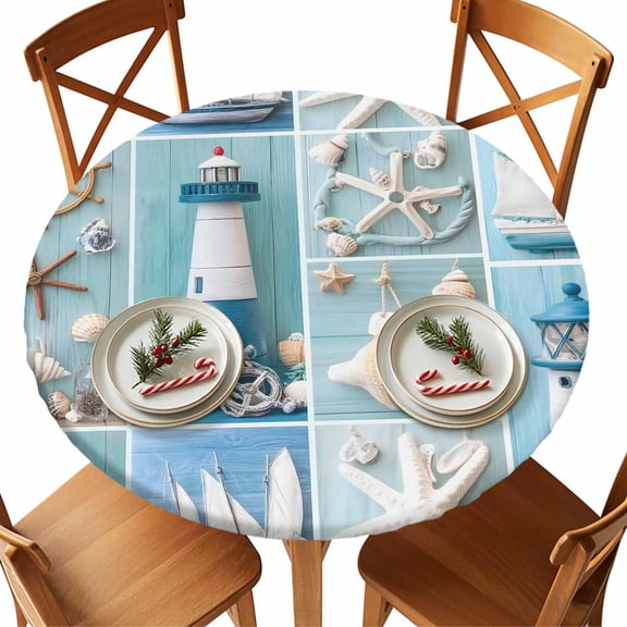 Round Tablecloth Coastal Nautical Elastic Edge Fitted Beach Anchor Lighthouse Starfish Plastic Table Cover,Waterproof Oil Proof for Dinner,Outdoor, Picnic, 36" - 44" DIA Tables Blue