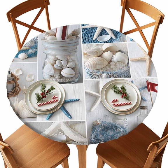 Round Tablecloth Coastal Nautical Elastic Edge Fitted Starfish Sea Shell Lighthouse Plastic Table Cover,Waterproof Oil Proof for Dinner,Outdoor, Picnic, 45"- 54" DIA Tables Blue