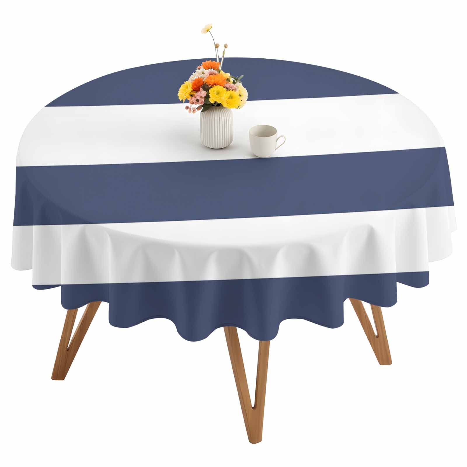 Round Tablecloth Coastal Nautical Striped Waterproof Oil Proof Polyester Table Cloth Cover Decor for Home Dining Outdoor,Patio,Parties, 60" Dia. Navy Blue White