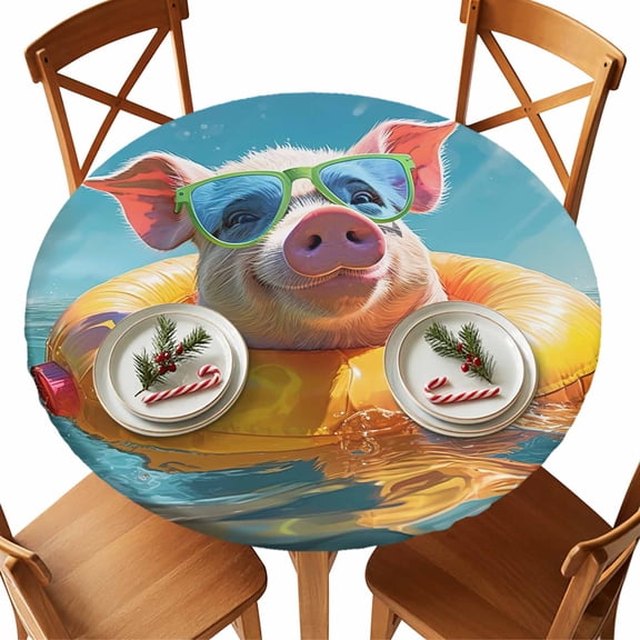 Round Tablecloth Coastal Summer Elastic Edge Fitted Ocean Swimming Circle Pig Mirrors Plastic Table Cover,Waterproof Oil Proof for Dinner,Outdoor, Picnic, 55"- 60" DIA Tables Blue Pink