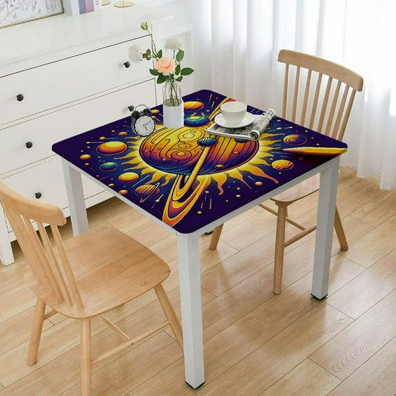 Round Tablecloth, Colorful Planets Cartoon with Sun Solar System Themed Illustration, Circle Table Cloth Cover for Dining Room Kitchen Decoration, Indigo and Multicolor