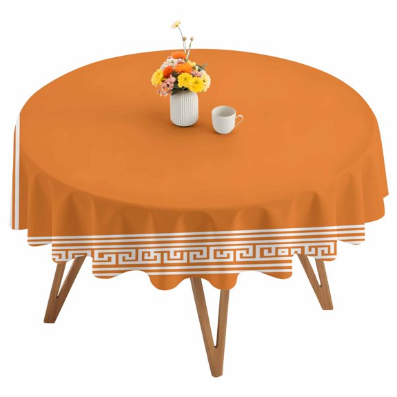 Round Tablecloth Coral Orange Greek Key Pattern Waterproof Oil Proof Polyester Table Cloth Cover Decor for Home Dining Outdoor,Patio,Parties, 54" Dia. Geometric Modern