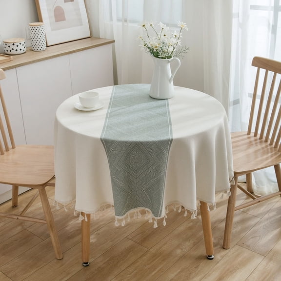 Round Tablecloth Cotton Linen Tablecloth With Tassel,Burlap Table Cover For Home-Green-150cm(60inch)