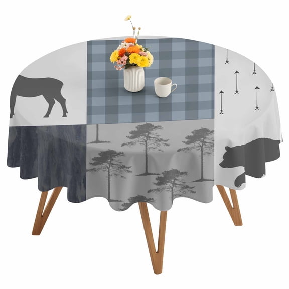 Round Tablecloth Country Forest Bear Moose Waterproof Oil Proof Polyester Table Cloth Cover Decor for Home Dining Outdoor,Patio,Parties, 60" Dia. Rustic Farmhouse Blue Black Plaid