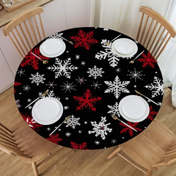 Round Tablecloth Covers, Waterproof Wipeable Table Cloth with Elastic Edge, Snowflakes Christmas Red Black Round Table Protector for Kitchen Dining Tables, 45-50 Inch in Diameter