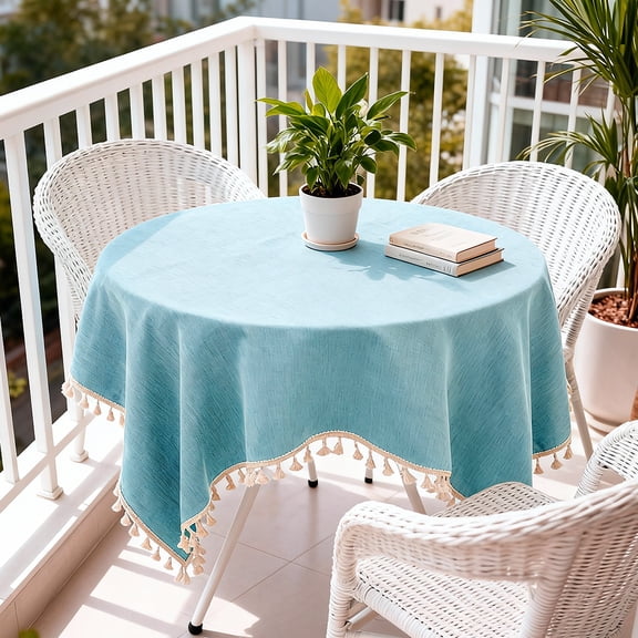 Round Tablecloth, Cream Tassel Trim, Minimalist Decor for Small Tables, Coffee & Dining Table Cover(Blue,60cm x 60cm)