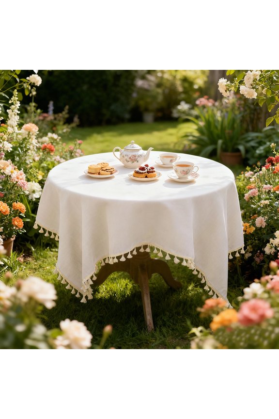 Round Tablecloth, Cream Tassel Trim, Minimalist Decor for Small Tables, Coffee & Dining Table Cover（White，60cm x 60cm）
