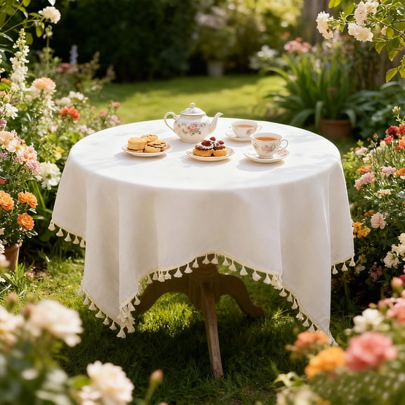 Round Tablecloth, Cream Tassel Trim, Minimalist Decor for Small Tables, Coffee & Dining Table Cover(White,60cm x 60cm)