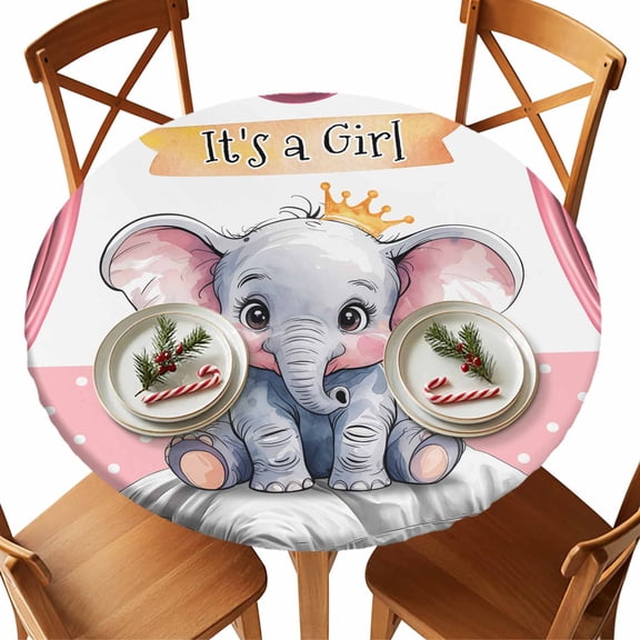Round Tablecloth Cute Animal Elastic Edge Fitted Vintage Polka Dot Elephant Plastic Table Cover,Waterproof Oil Proof for Dinner,Outdoor, Picnic, 45"- 54" DIA Tables Pink White