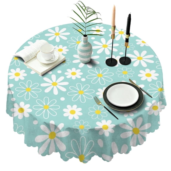 Round Tablecloth Daisy 60 Inch Wrinkle Free Table Cover Floral Print Dining Kitchen