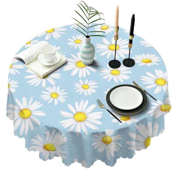 Round Tablecloth Daisy Design 60 Inch Wrinkle Free Table Cover for Dining Kitchen