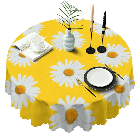 Round Tablecloth Daisy Floral Print 60 Inch Table Cover Wrinkle Resistant Machine Washable for Kitchen Dining