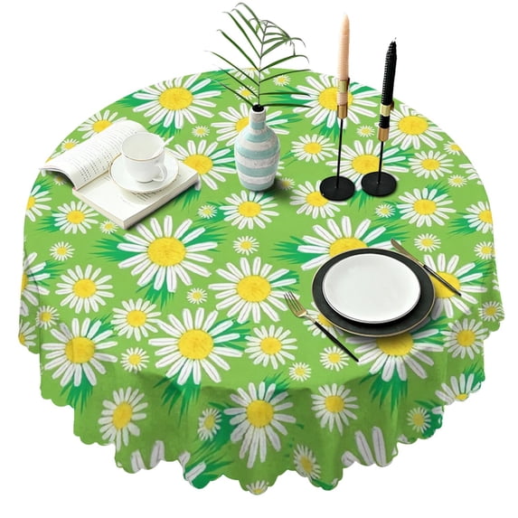 Round Tablecloth Daisy Print 60 Inch Table Cover Wrinkle Free Fabric Kitchen Dining