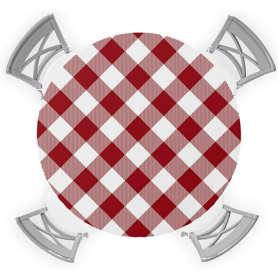 Round Tablecloth,Dark Red and White Plaid Checkered Elastic Edge Round Waterproof Fitted Table Cloth for Indoor Outdoor Dinning Fit Round Table up to 36" - 44"