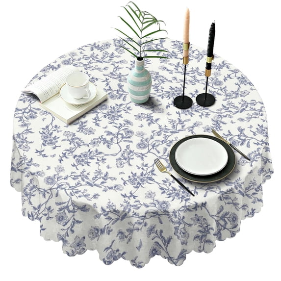 Round Tablecloth Dining Cover 60 Inch Polyester Waterproof Stain Wrinkle Free flower for Kitchen
