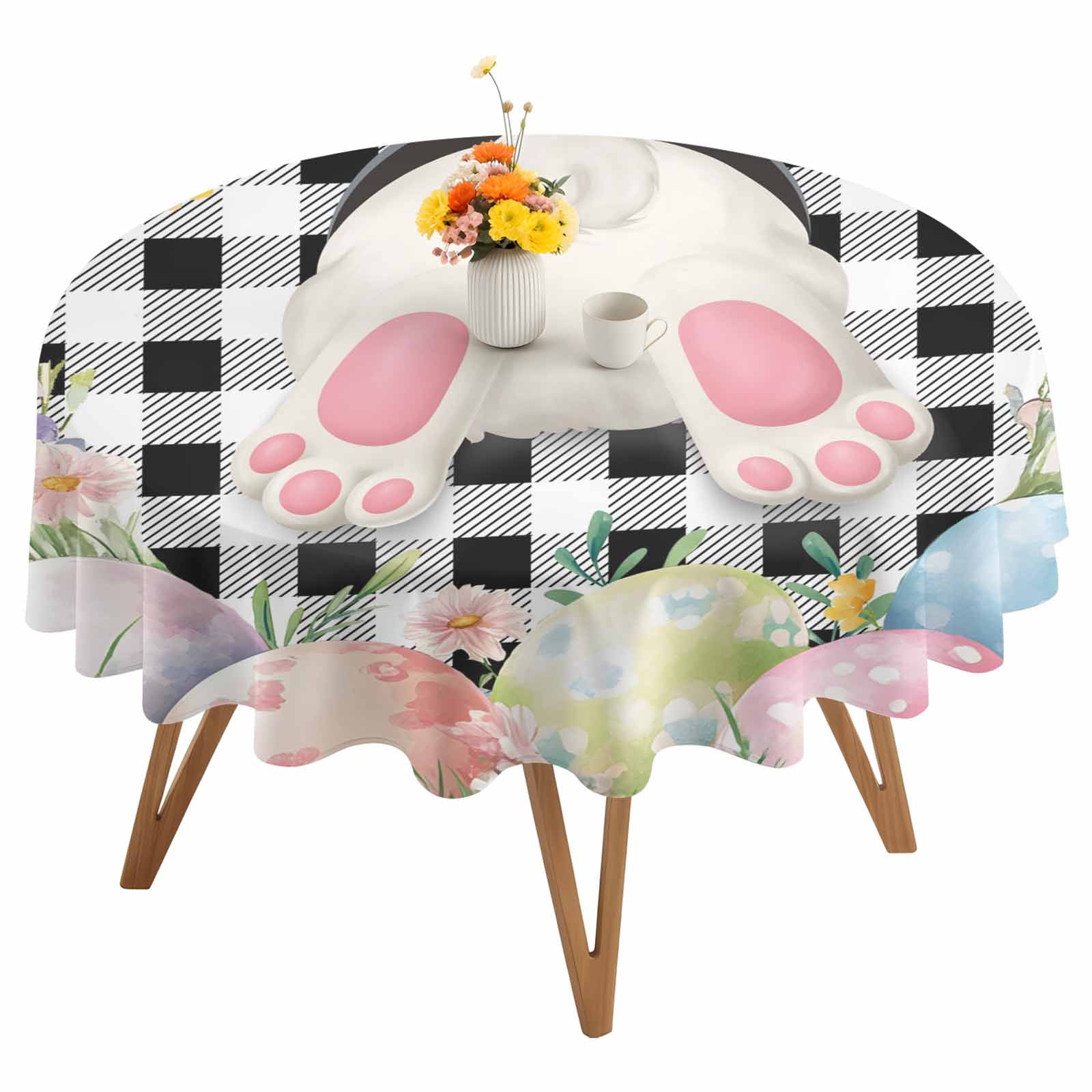 Round Tablecloth Easter Bunny Tail Waterproof Oil Proof Polyester Table Cloth Cover Decor for Home Dining Outdoor,Patio,Parties, 54" Dia. Color Eggs Spring Flowers Black White Plaid