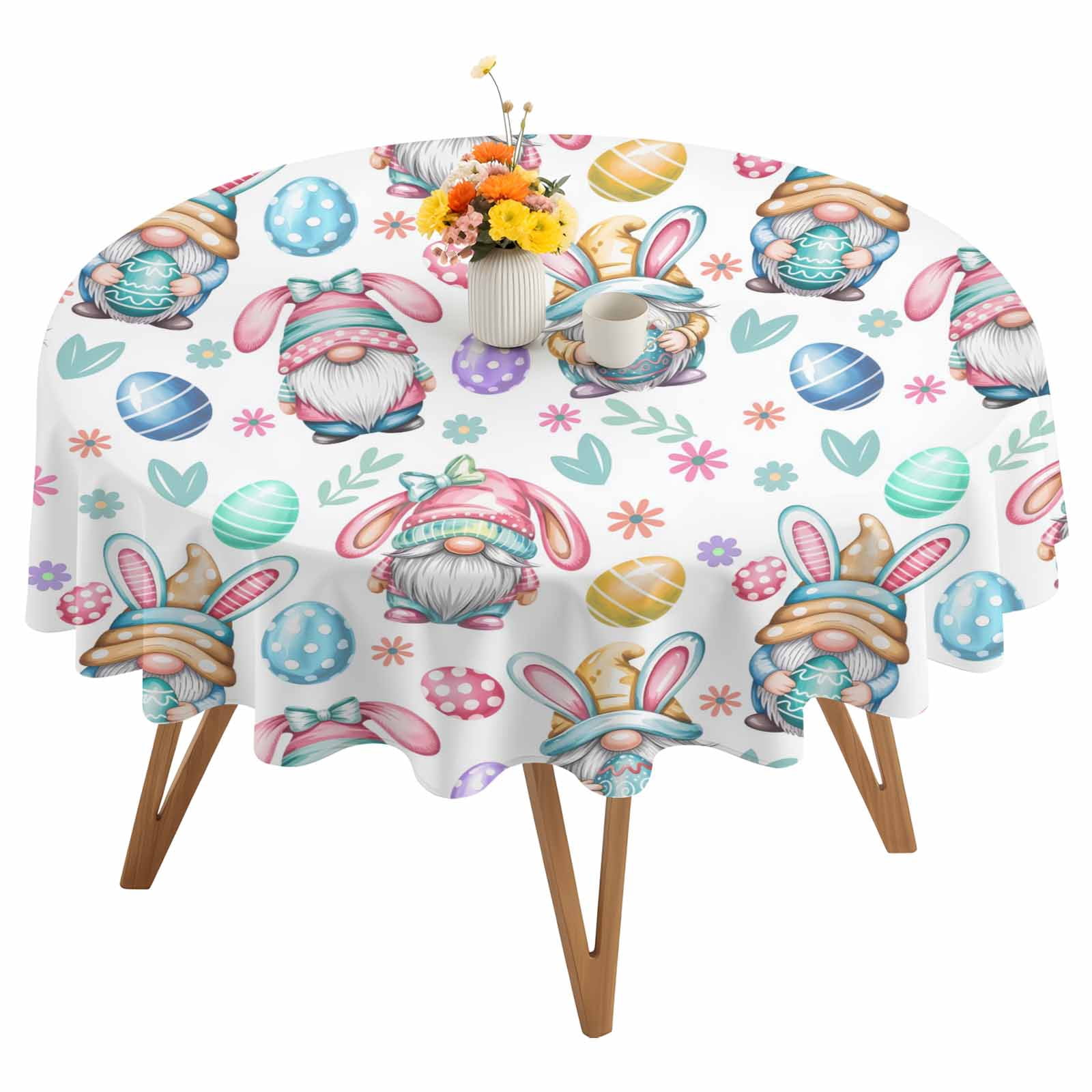 Round Tablecloth Easter Gnomes Pattern Waterproof Oil Proof Polyester Table Cloth Cover Decor for Home Dining Outdoor,Patio,Parties, 54" Dia. White