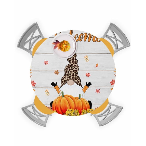 Round Tablecloth with Elastic Autumn Welcome Gnome on Plaid Rustic Wood Grain Waterproof Stain-proof Table Cover Wipeable Fitted Table Cloths for 36"-44" Round Tables Dining Kitchen